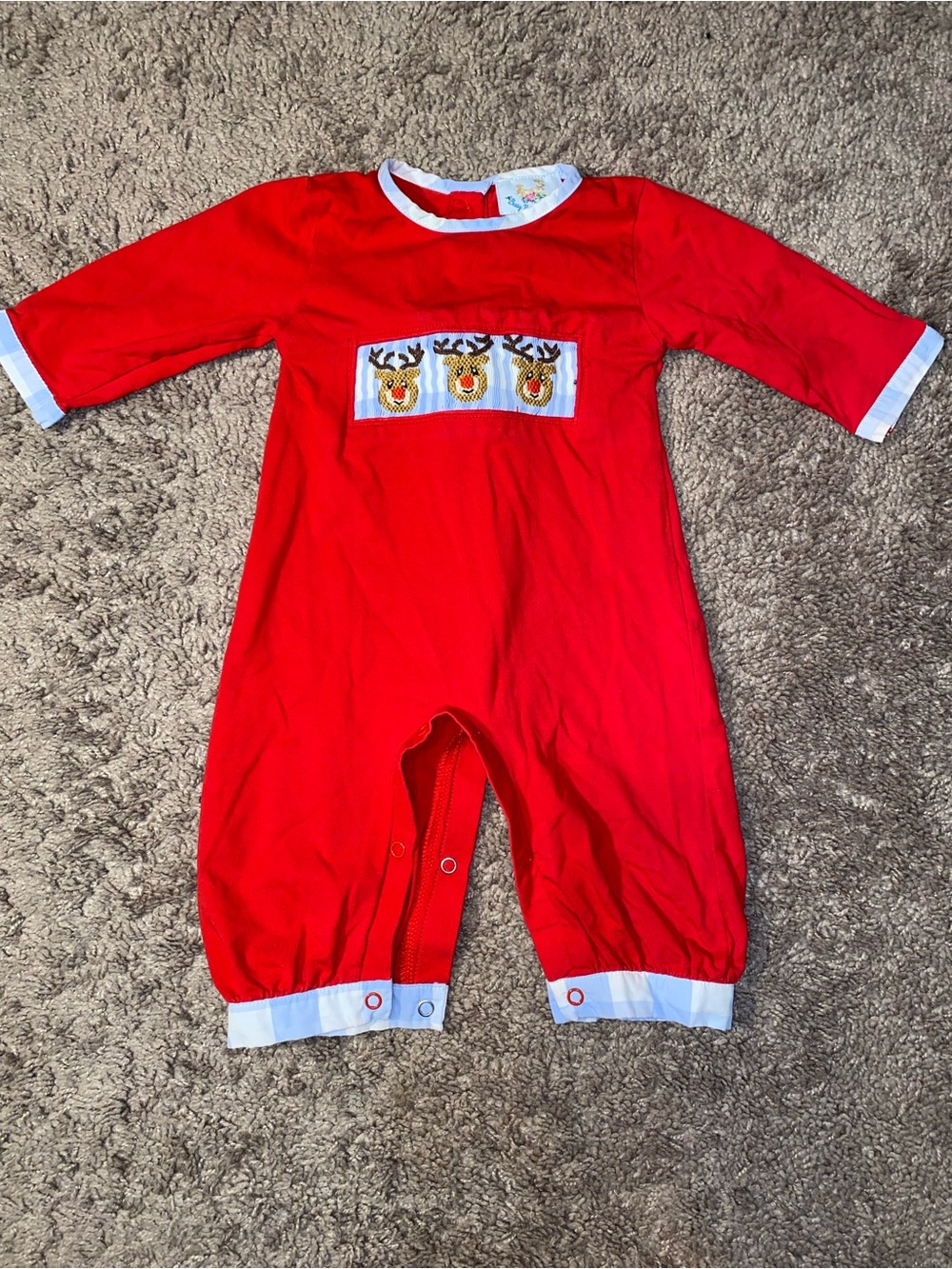 Busy Bee Smocks NB Red Christmas Romper Smocked Reindeer